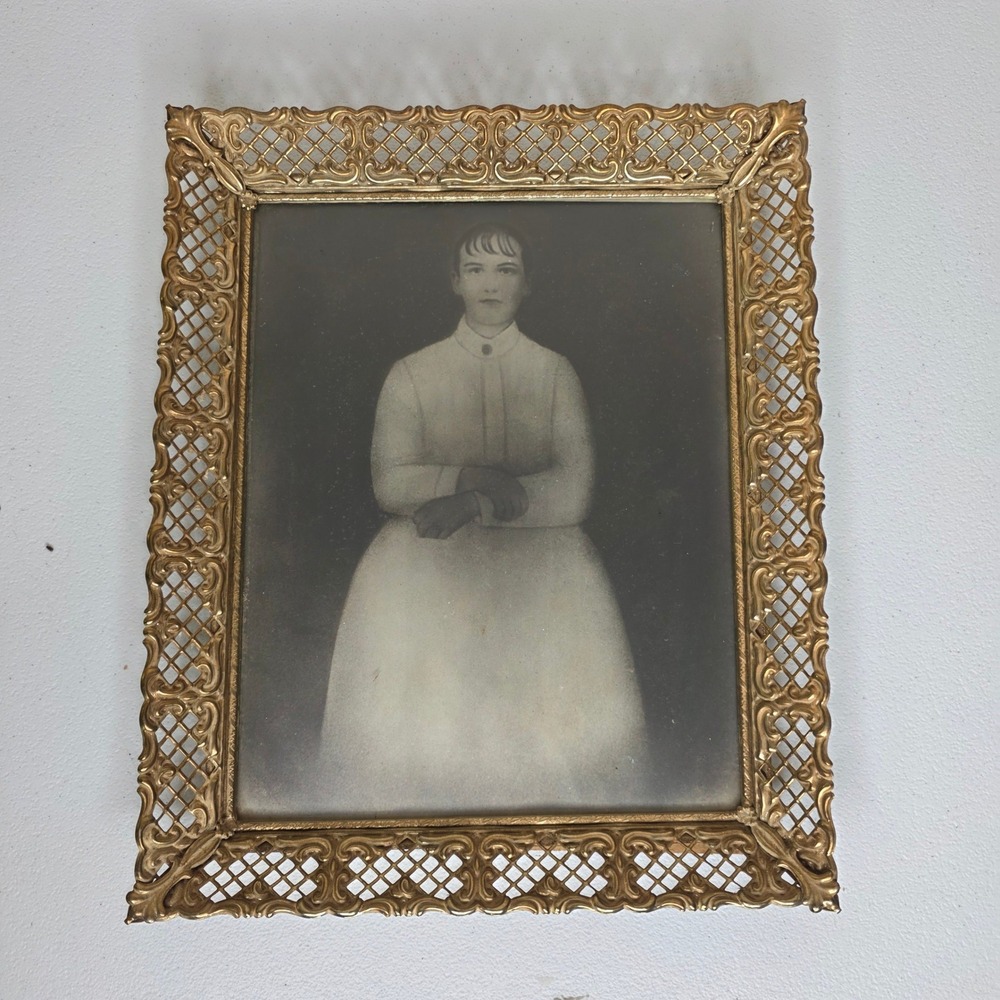 Antique 1840s Portrait Framed Woman 10x12 Gold Filigree Ornate Frame